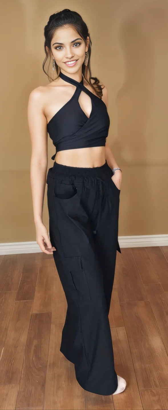 Multi - Way Halter Cross Neck Wrap Top with 2 Interchangeable Buckles – Adjustable, Chlorine - Resistant, Versatile Crop Top Black - Tenku Designs