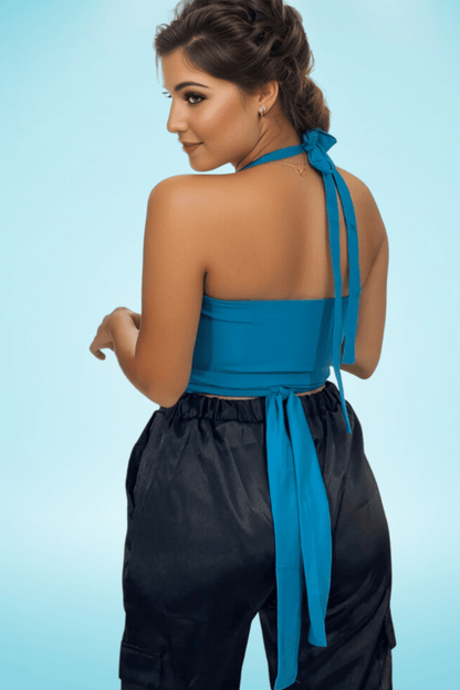 Multi - Way Halter Cross Neck Wrap Top with 2 Interchangeable Buckles – Adjustable, Chlorine - Resistant, Versatile Crop Top Blue - Tenku Designs