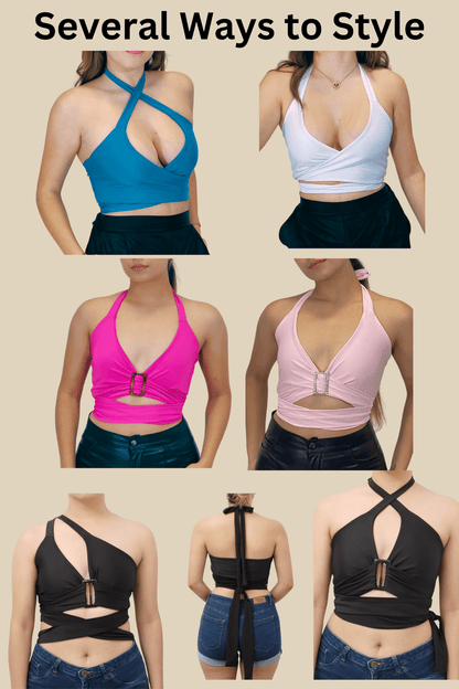 Multi - Way Halter Cross Neck Wrap Top with 2 Interchangeable Buckles – Adjustable, Chlorine - Resistant, Versatile Crop Top Blue - Tenku Designs