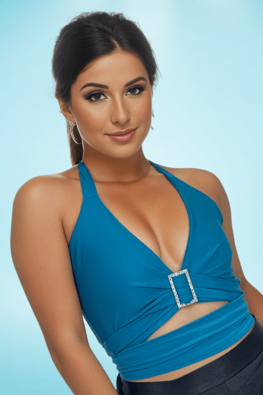 Multi - Way Halter Cross Neck Wrap Top with 2 Interchangeable Buckles – Adjustable, Chlorine - Resistant, Versatile Crop Top Blue - Tenku Designs