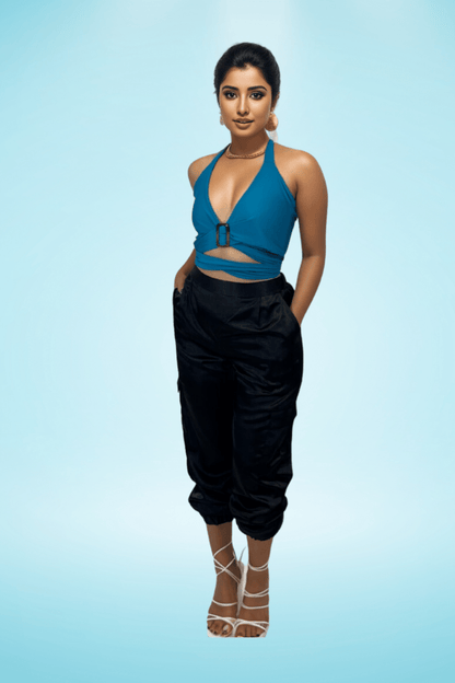 Multi - Way Halter Cross Neck Wrap Top with 2 Interchangeable Buckles – Adjustable, Chlorine - Resistant, Versatile Crop Top Blue - Tenku Designs