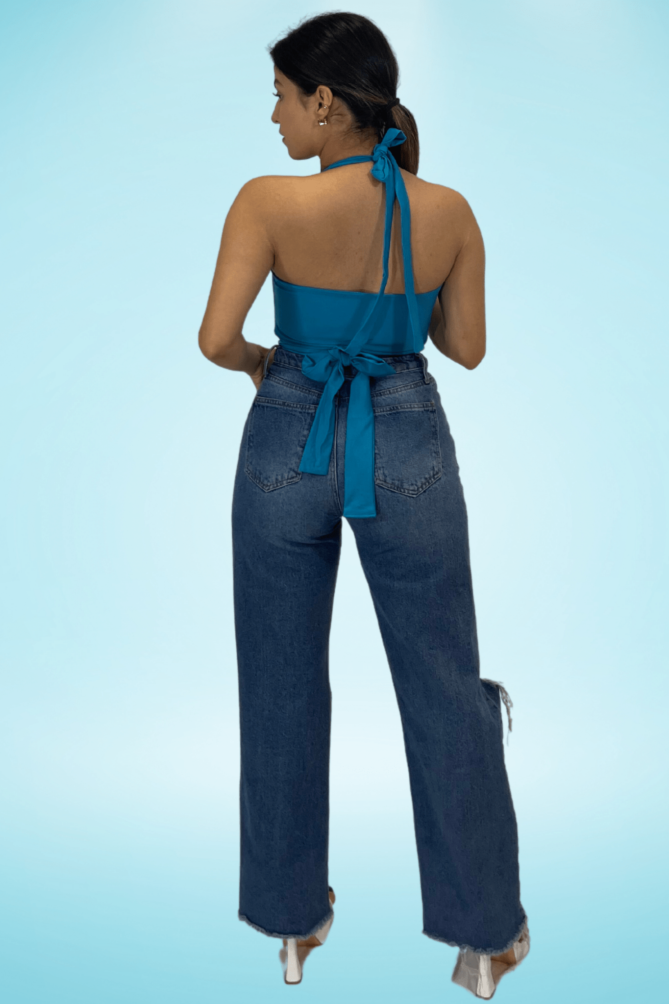 Multi - Way Halter Cross Neck Wrap Top with 2 Interchangeable Buckles – Adjustable, Chlorine - Resistant, Versatile Crop Top Blue - Tenku Designs