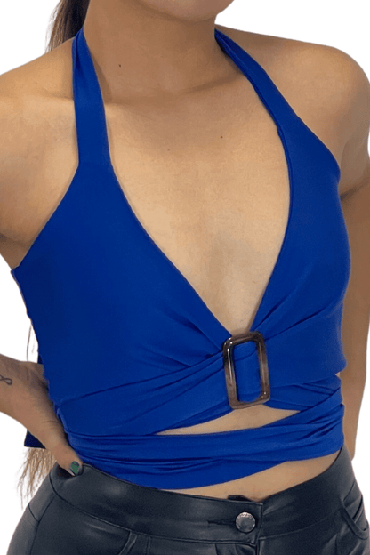 Multi - Way Halter Cross Neck Wrap Top with 2 Interchangeable Buckles – Adjustable, Chlorine - Resistant, Versatile Crop Top Cobalt Blue - Tenku Designs
