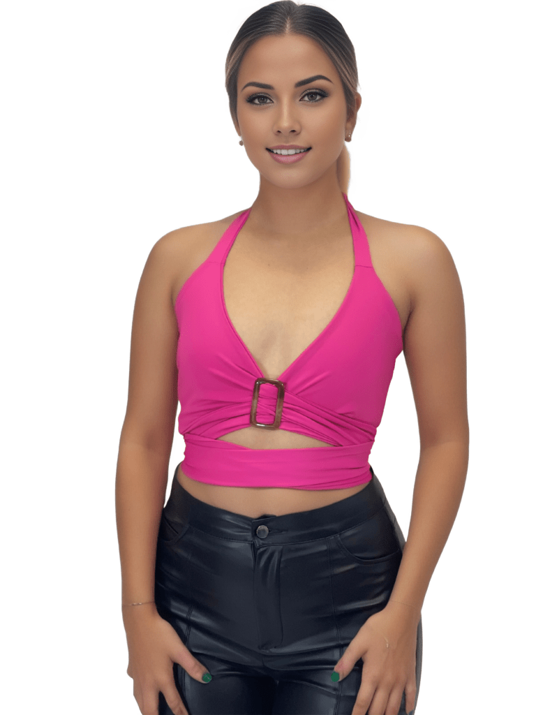 Multi - Way Halter Cross Neck Wrap Top with 2 Interchangeable Buckles – Adjustable, Chlorine - Resistant, Versatile Crop Top Hot Pink - Tenku Designs