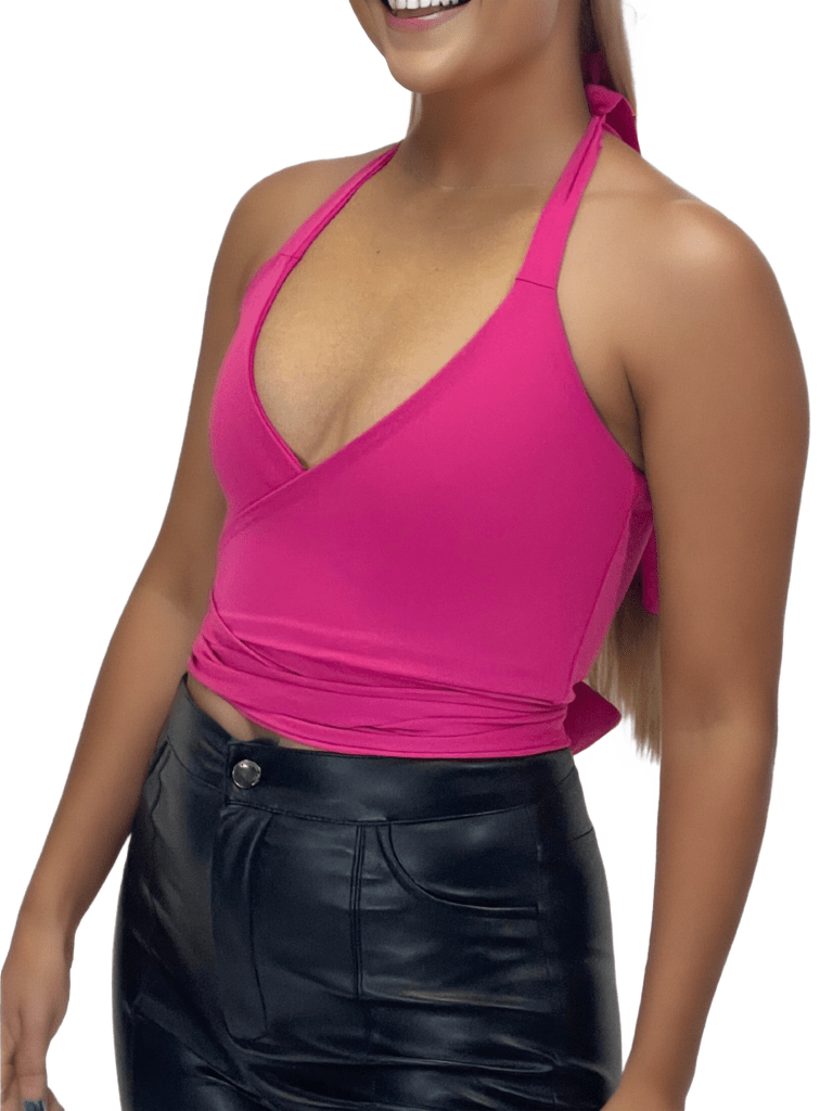 Multi - Way Halter Cross Neck Wrap Top with 2 Interchangeable Buckles – Adjustable, Chlorine - Resistant, Versatile Crop Top Hot Pink - Tenku Designs