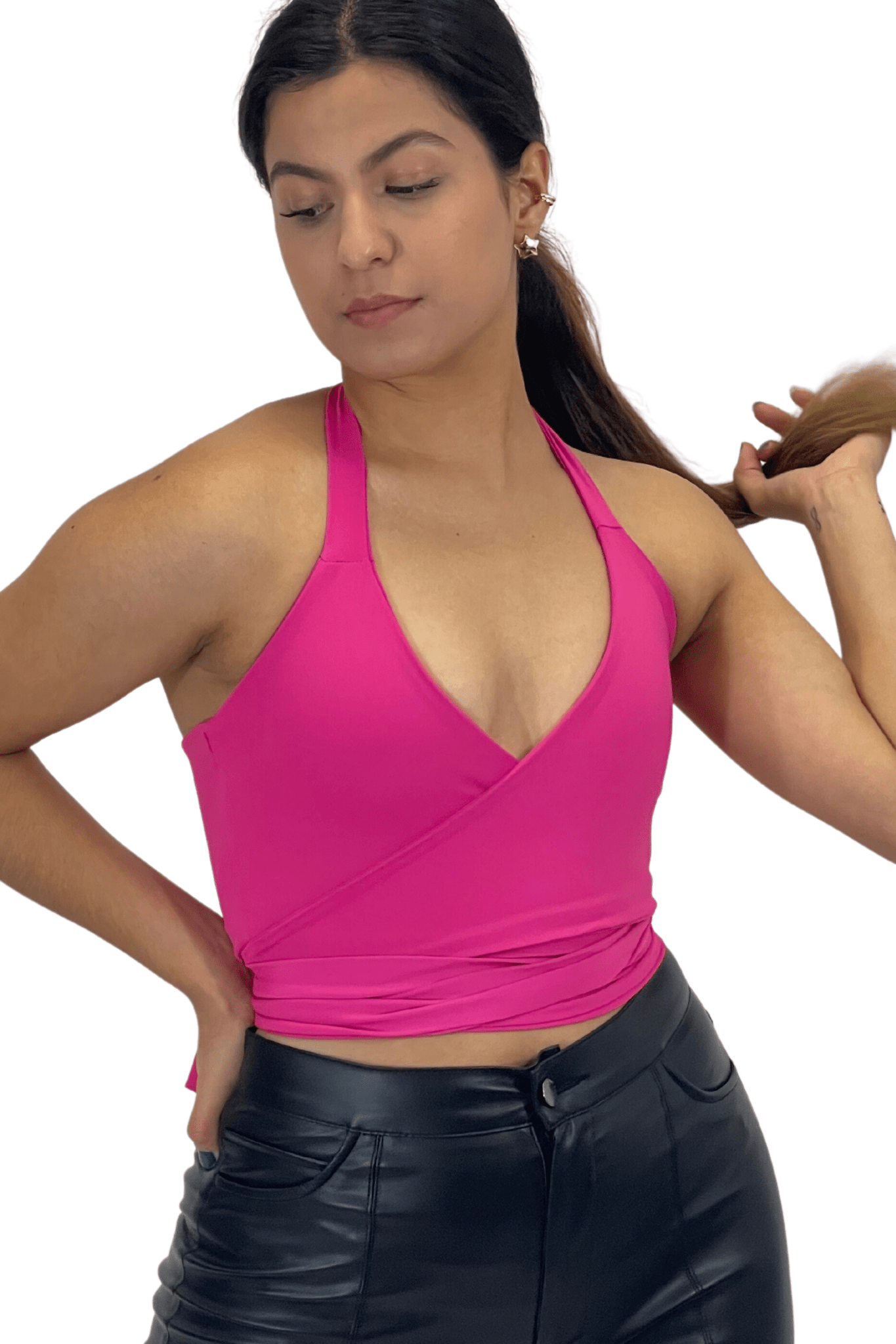Multi - Way Halter Cross Neck Wrap Top with 2 Interchangeable Buckles – Adjustable, Chlorine - Resistant, Versatile Crop Top Hot Pink - Tenku Designs