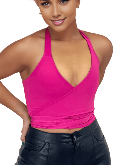 Multi - Way Halter Cross Neck Wrap Top with 2 Interchangeable Buckles – Adjustable, Chlorine - Resistant, Versatile Crop Top Hot Pink - Tenku Designs