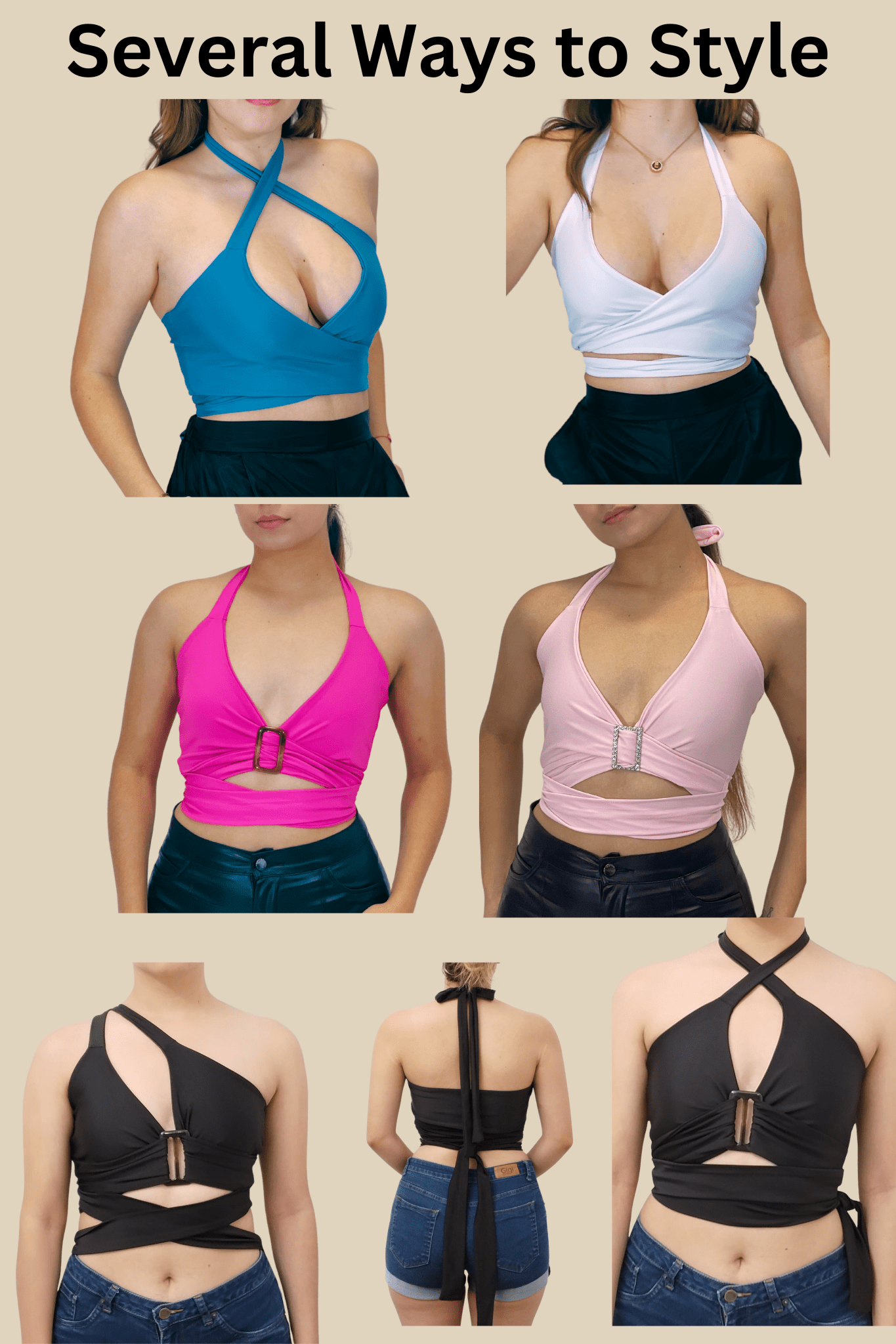 Multi - Way Halter Cross Neck Wrap Top with 2 Interchangeable Buckles – Adjustable, Chlorine - Resistant, Versatile Crop Top Light Pink - Tenku Designs