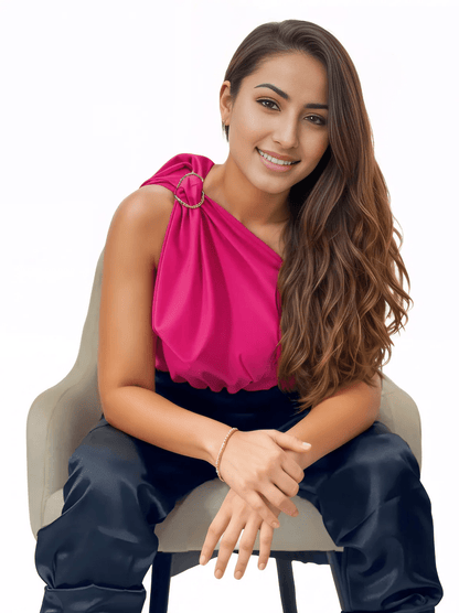 One Shoulder Puff Crop Top Hot Pink - Tenku Designs