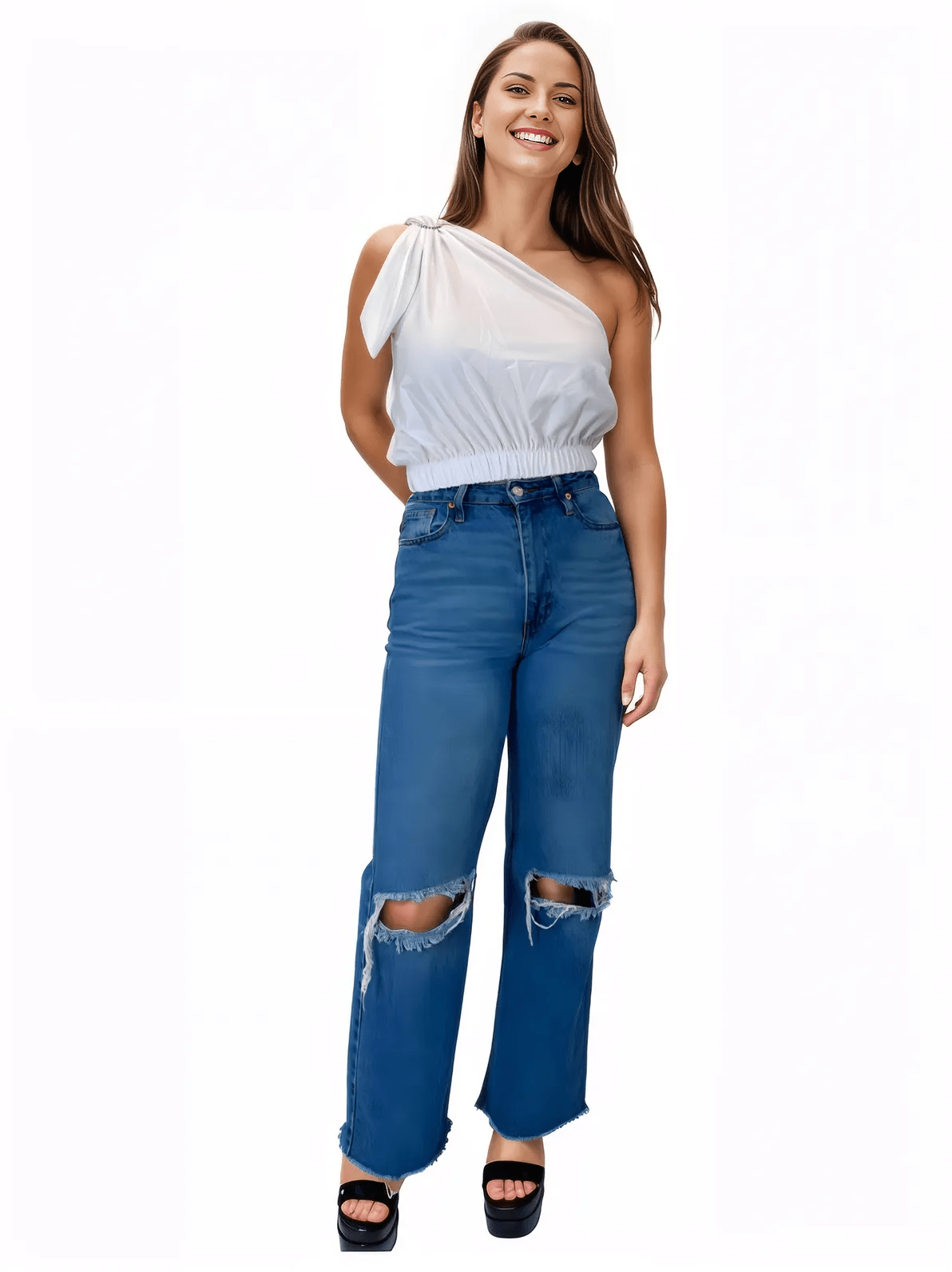 One Shoulder Puff Crop Top with 2 Buckles White - Tenku Designs