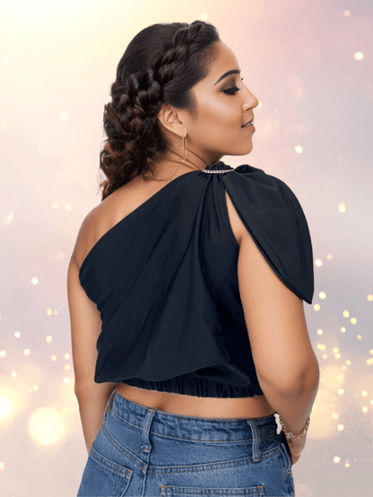 One Shoulder Puff Crop Top with 2 Free Interchangeable Buckles – Chlorine Resistant, Breathable, and Adjustable Halter Tie Black - Tenku Designs