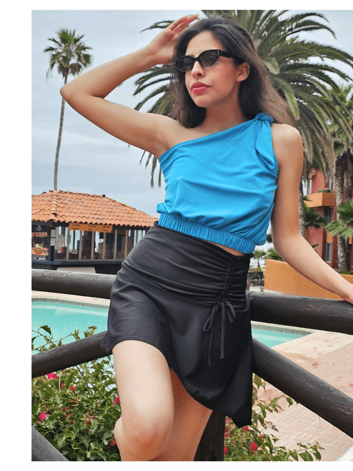 One Shoulder Puff Crop Top with 2 Free Interchangeable Buckles – Chlorine Resistant, Breathable, and Adjustable Halter Tie Blue - Tenku Designs