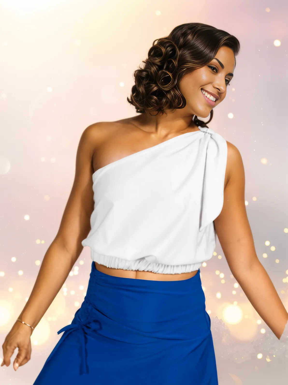 One Shoulder Puff Crop Top with 2 Free Interchangeable Buckles – Chlorine Resistant, Breathable, and Adjustable Halter Tie White - Tenku Designs