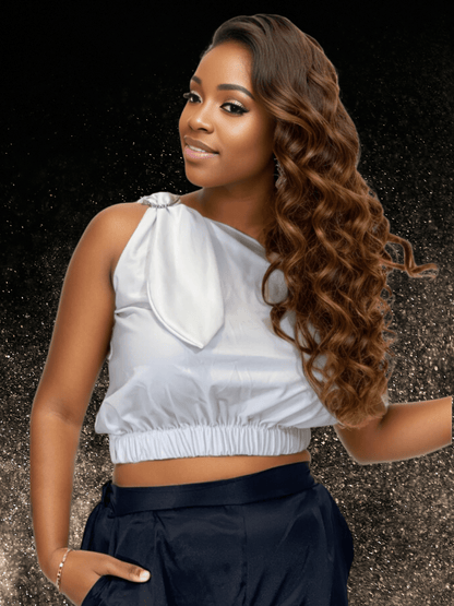 One Shoulder Puff Crop Top with 2 Free Interchangeable Buckles – Chlorine Resistant, Breathable, and Adjustable Halter Tie White - Tenku Designs