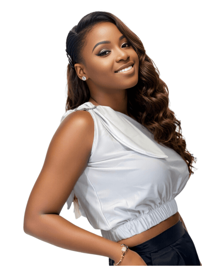 One Shoulder Puff Crop Top with 2 Free Interchangeable Buckles – Chlorine Resistant, Breathable, and Adjustable Halter Tie White - Tenku Designs