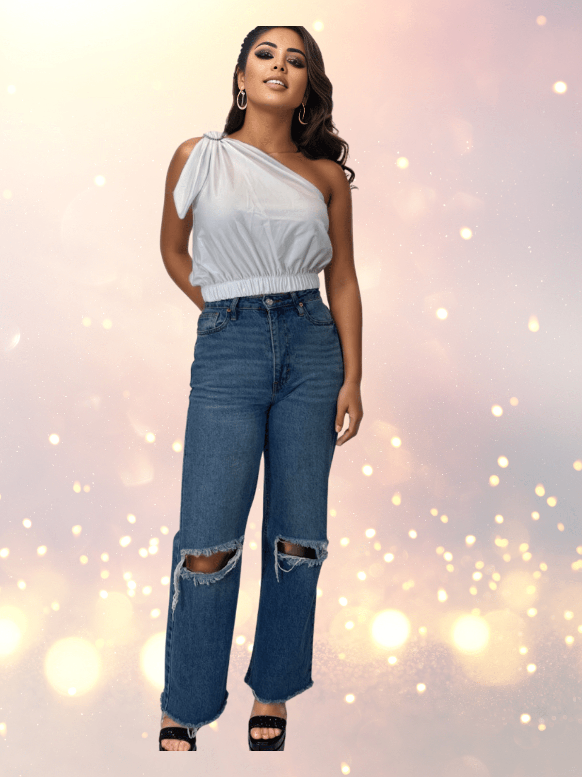 One Shoulder Puff Crop Top with 2 Free Interchangeable Buckles – Chlorine Resistant, Breathable, and Adjustable Halter Tie White - Tenku Designs