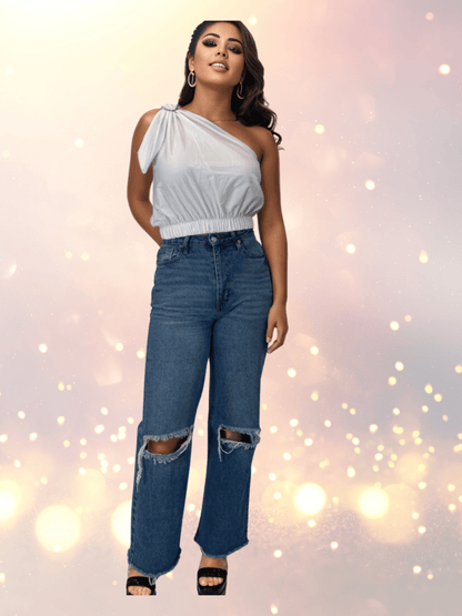 One Shoulder Puff Crop Top with 2 Free Interchangeable Buckles – Chlorine Resistant, Breathable, and Adjustable Halter Tie White - Tenku Designs