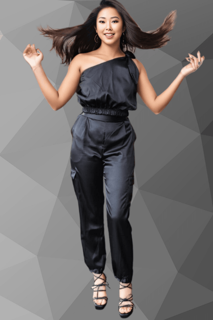 One Shoulder Satin Puff Crop Top Black - Tenku Designs