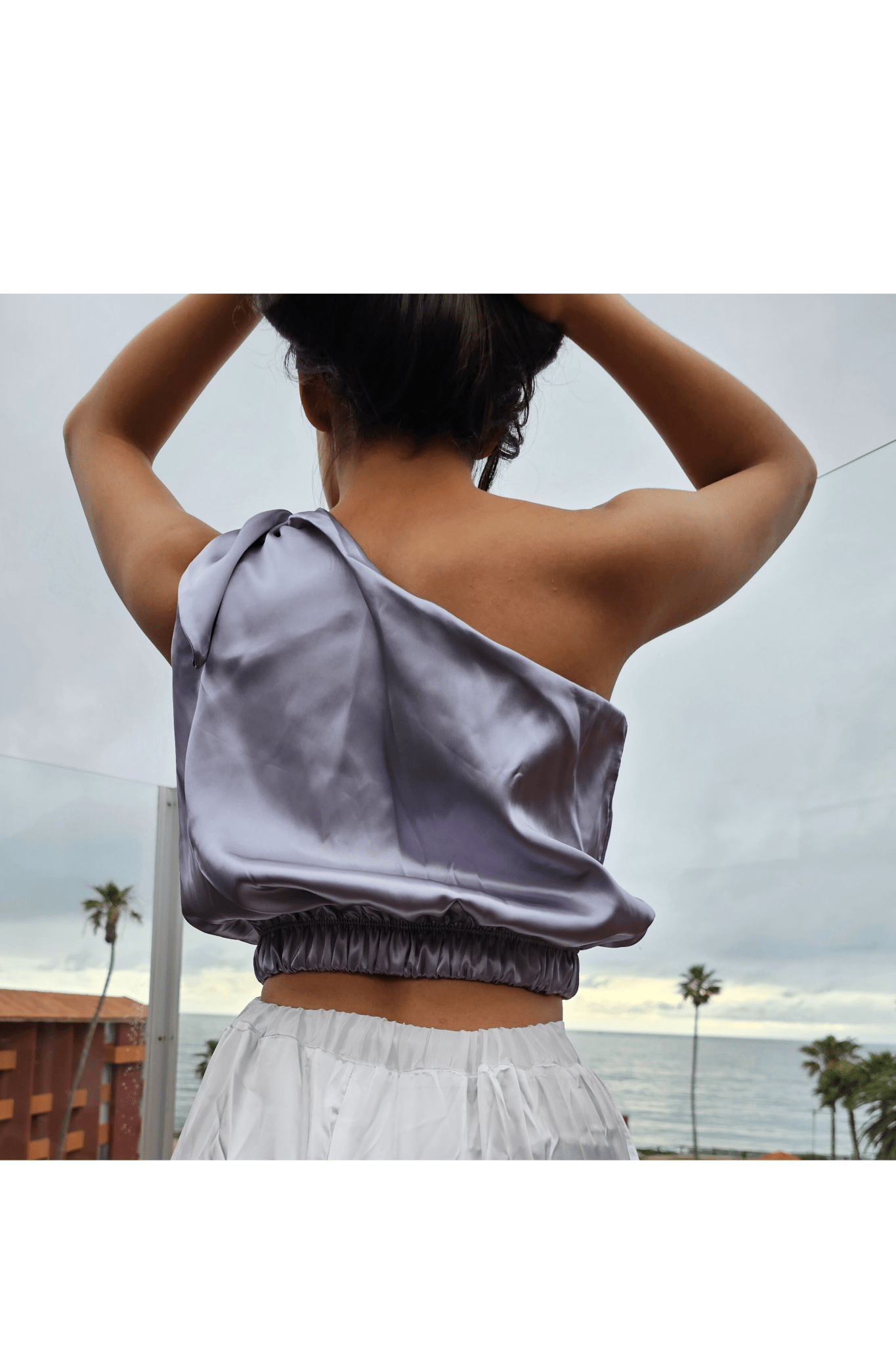 One Shoulder Satin Puff Crop Top Pearl Grey - Tenku Designs