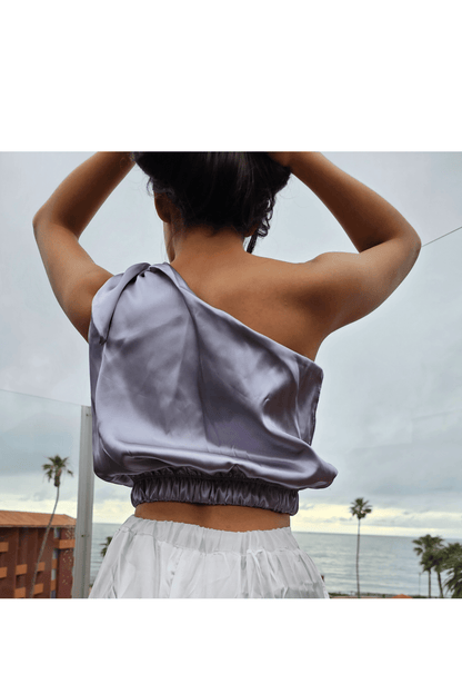 One Shoulder Satin Puff Crop Top Pearl Grey - Tenku Designs