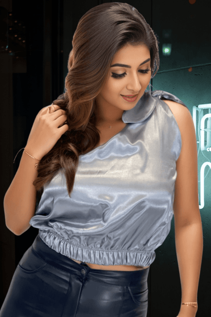 One Shoulder Satin Puff Crop Top Pearl Grey - Tenku Designs