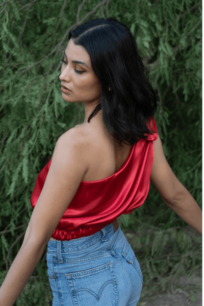 One Shoulder Satin Puff Crop Top Red - Tenku Designs