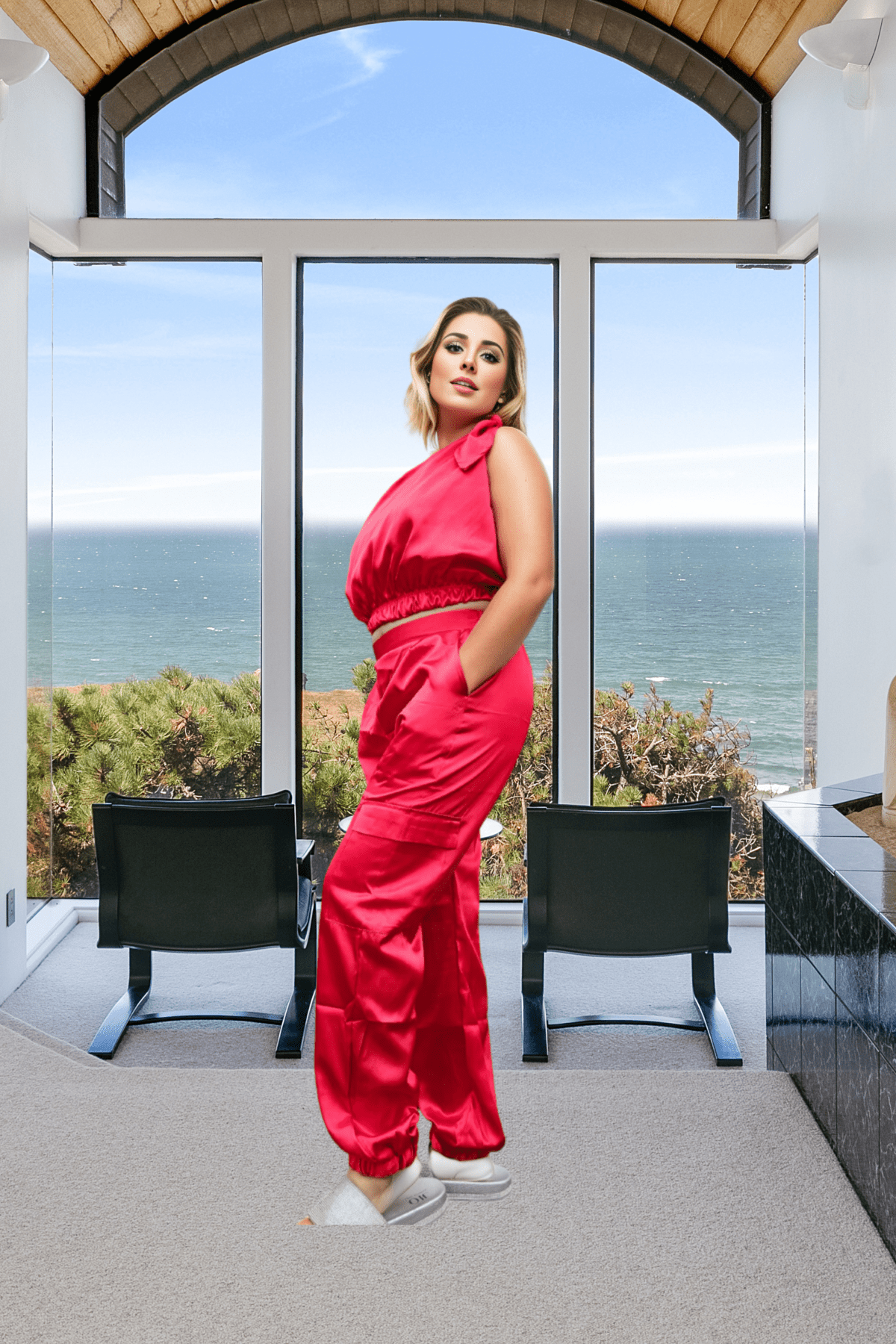 One Shoulder Satin Puff Crop Top Red - Tenku Designs