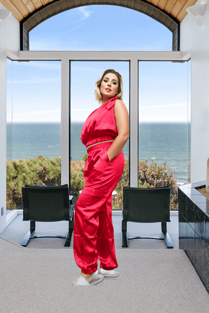 One Shoulder Satin Puff Crop Top Red - Tenku Designs