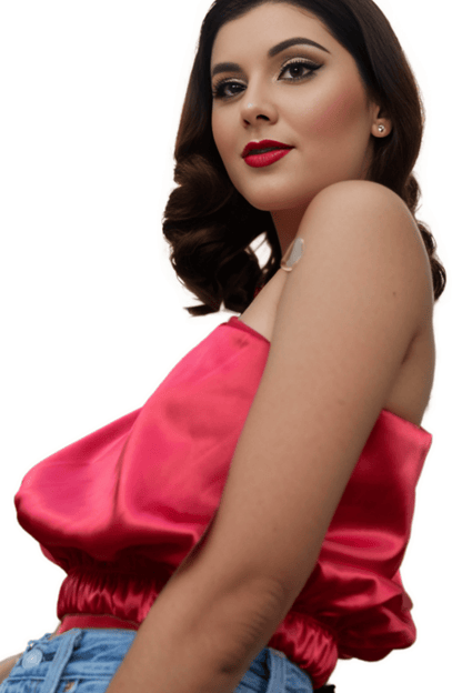 One Shoulder Satin Puff Crop Top Red - Tenku Designs