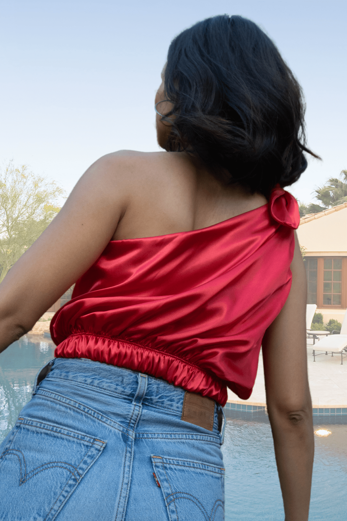 One Shoulder Satin Puff Crop Top Red - Tenku Designs