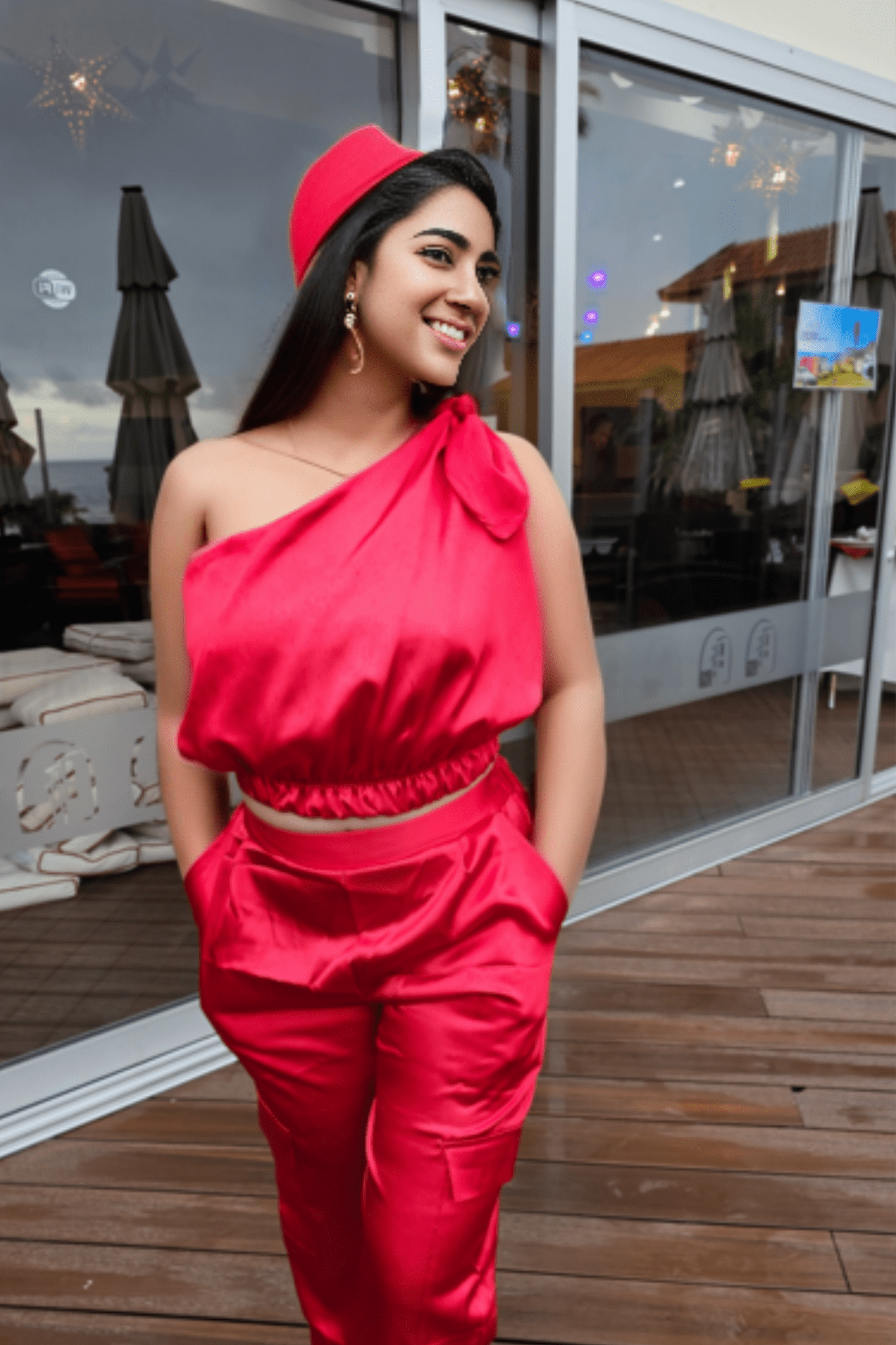 One Shoulder Satin Puff Crop Top Red - Tenku Designs