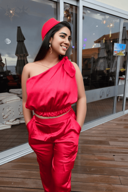 One Shoulder Satin Puff Crop Top Red - Tenku Designs