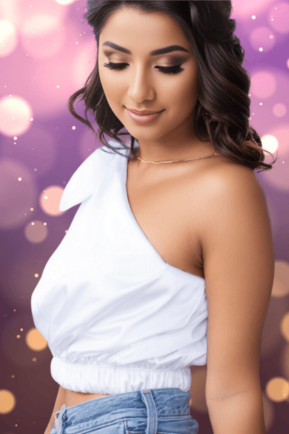 One Shoulder Satin Puff Crop Top White - Tenku Designs