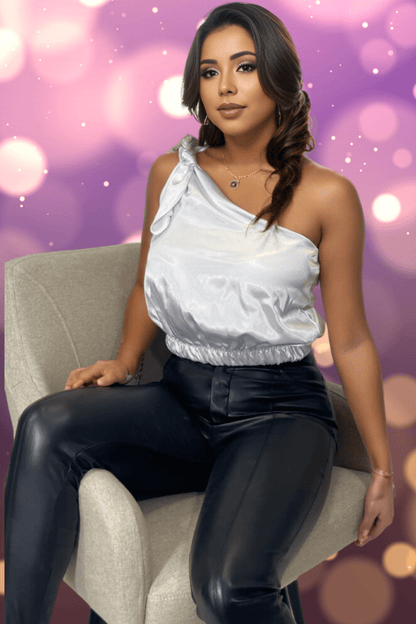 One Shoulder Satin Puff Crop Top White - Tenku Designs
