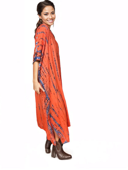 Orange/Purple Hand - Dyed Tie - Dye Maxi Kaftan Dress – Boho Chic, Flowy and Comfortable - Tenku Designs