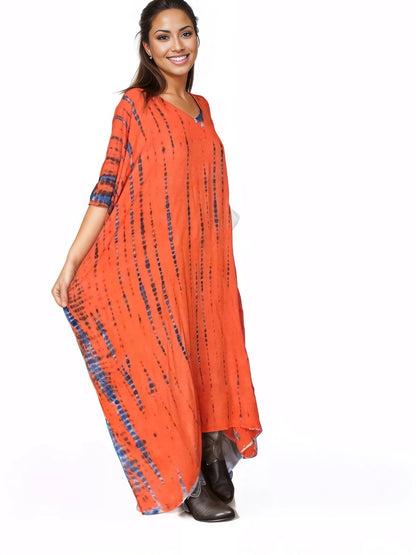 Orange/Purple Hand - Dyed Tie - Dye Maxi Kaftan Dress – Boho Chic, Flowy and Comfortable - Tenku Designs