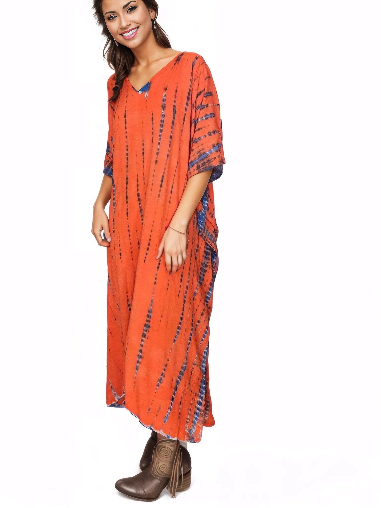 Orange/Purple Hand - Dyed Tie - Dye Maxi Kaftan Dress – Boho Chic, Flowy and Comfortable - Tenku Designs