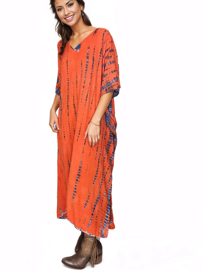 Orange/Purple Hand - Dyed Tie - Dye Maxi Kaftan Dress – Boho Chic, Flowy and Comfortable - Tenku Designs