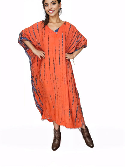 Orange/Purple Hand - Dyed Tie - Dye Maxi Kaftan Dress – Boho Chic, Flowy and Comfortable - Tenku Designs