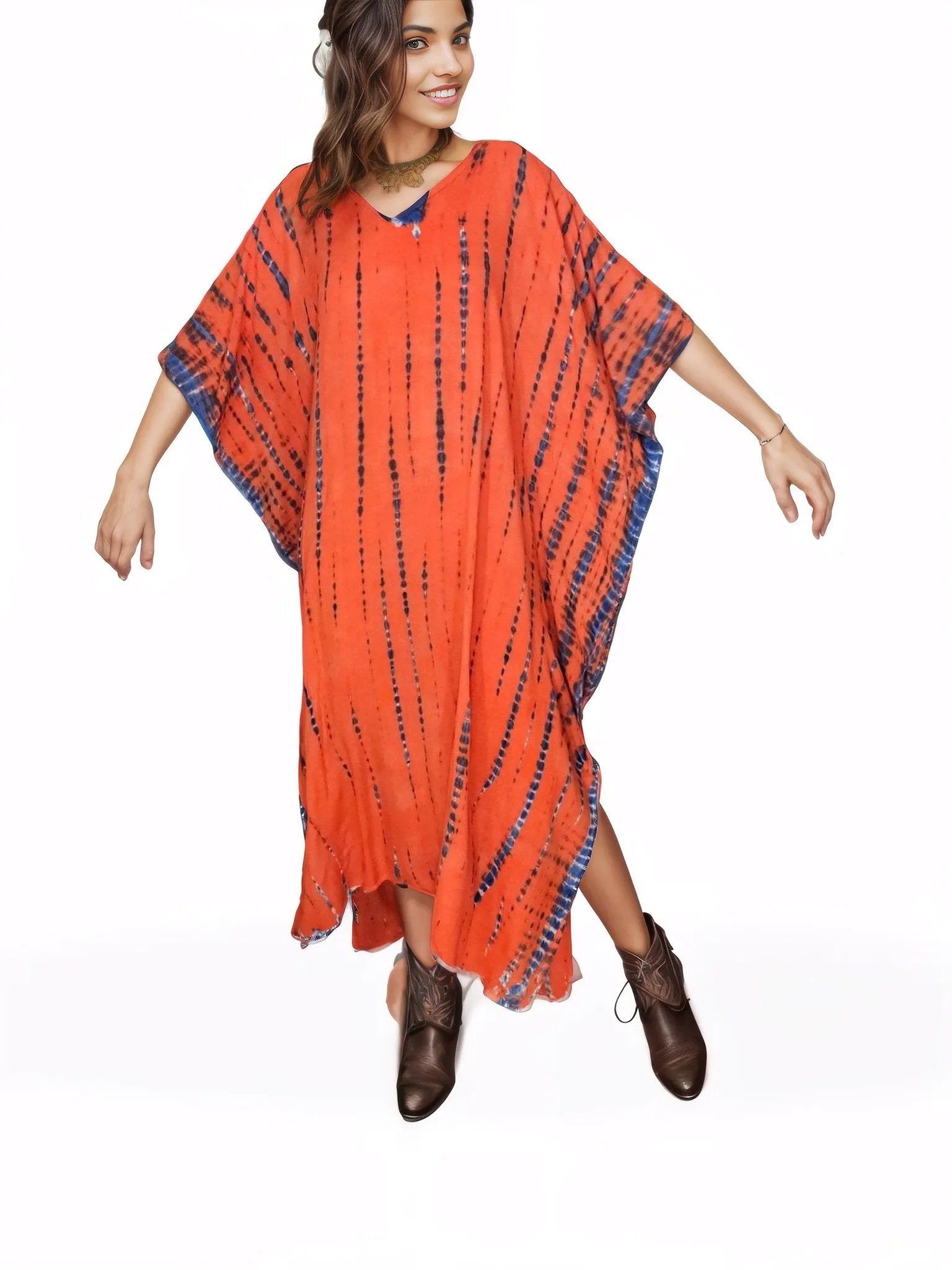 Orange/Purple Hand - Dyed Tie - Dye Maxi Kaftan Dress – Boho Chic, Flowy and Comfortable - Tenku Designs