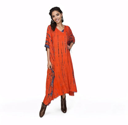 Orange/Purple Hand - Dyed Tie - Dye Maxi Kaftan Dress – Boho Chic, Flowy and Comfortable - Tenku Designs