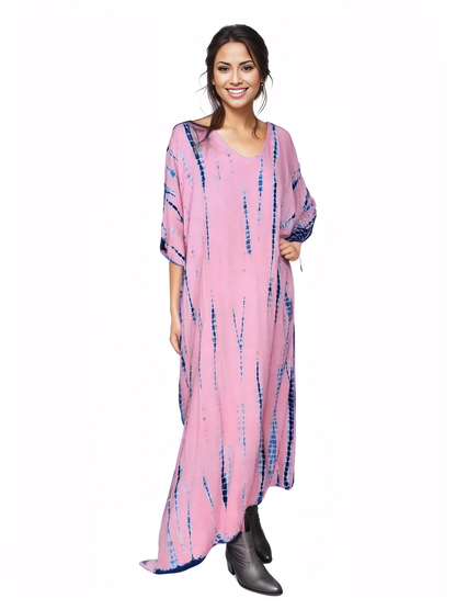 Peachy Pink Hand - Dyed Tie - Dye Maxi Kaftan Dress – Boho Chic, Flowy and Comfortable - Tenku Designs