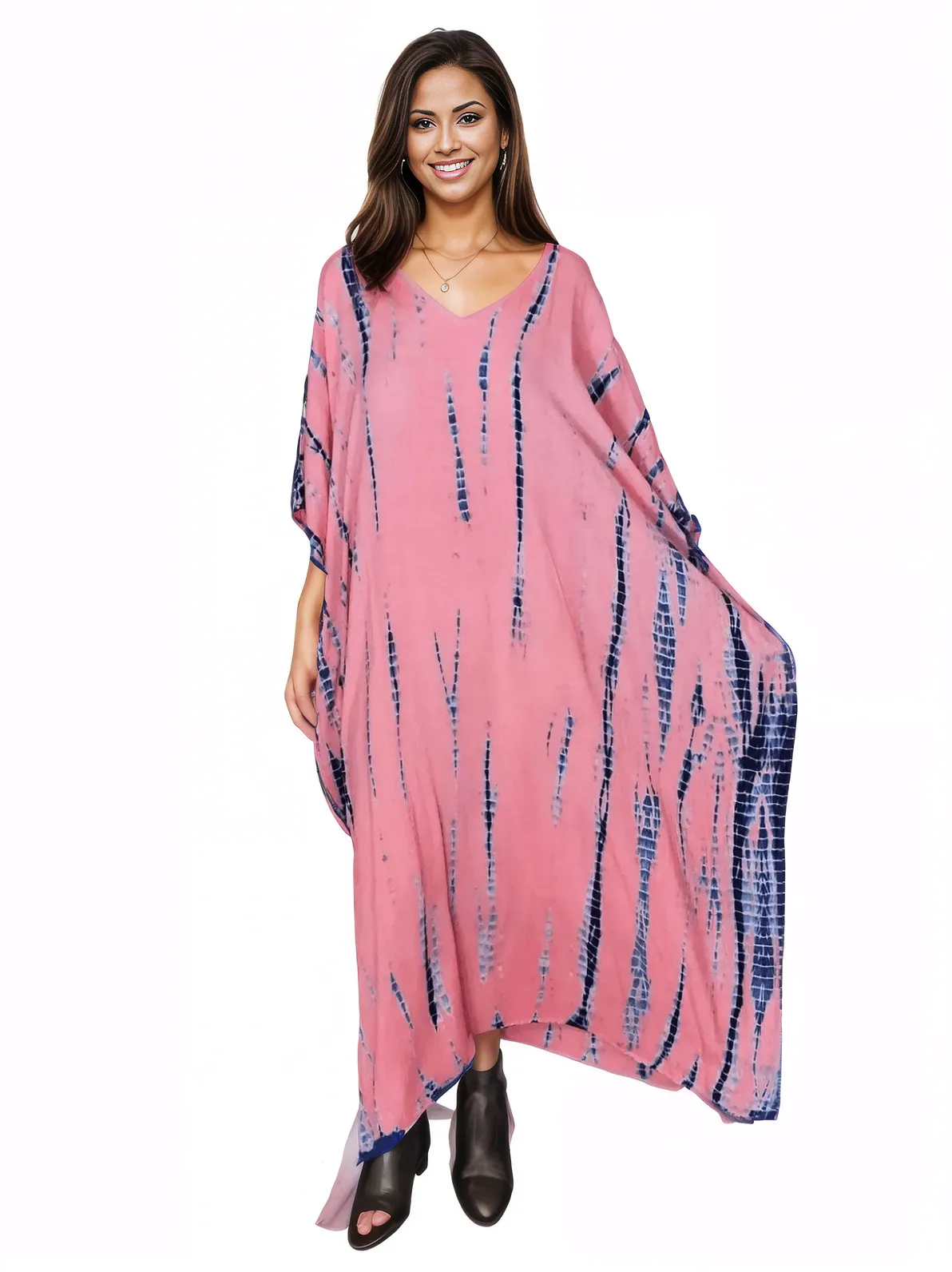 Peachy Pink Hand - Dyed Tie - Dye Maxi Kaftan Dress – Boho Chic, Flowy and Comfortable - Tenku Designs