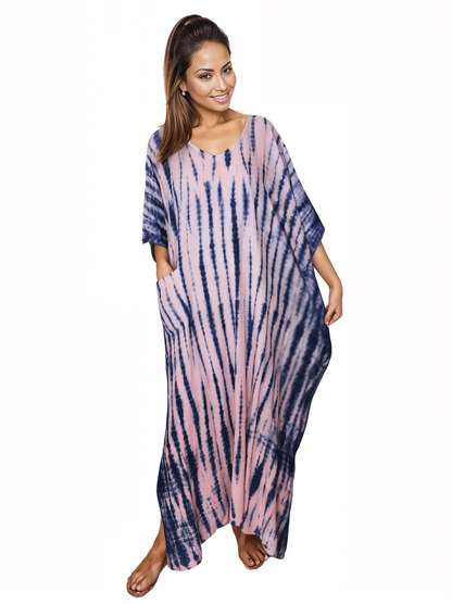 Pink/Navy blue Hand - Dyed Tie - Dye Maxi Kaftan Dress – Boho Chic, Flowy and Comfortable - Tenku Designs