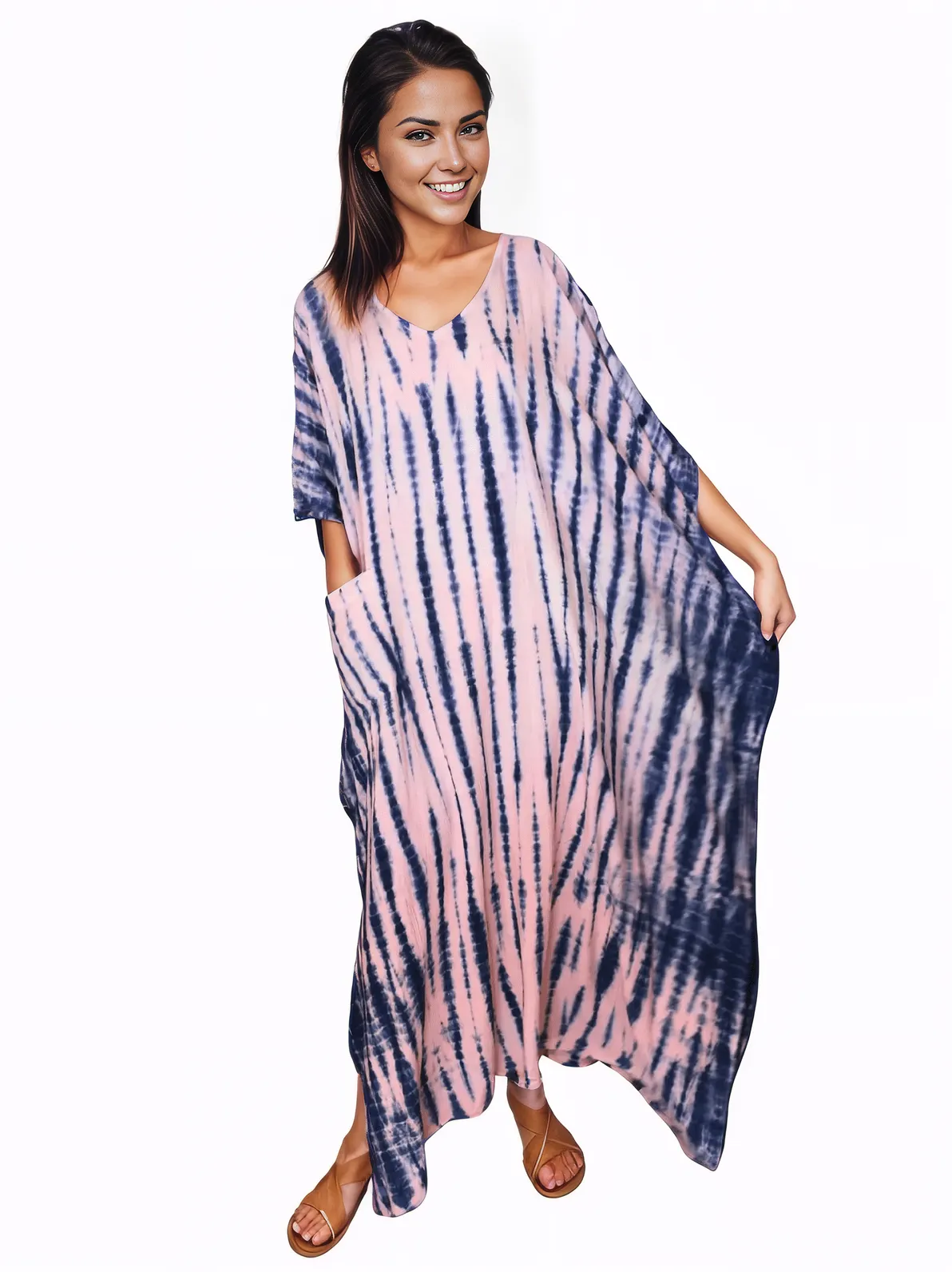 Pink/Navy blue Hand - Dyed Tie - Dye Maxi Kaftan Dress – Boho Chic, Flowy and Comfortable - Tenku Designs