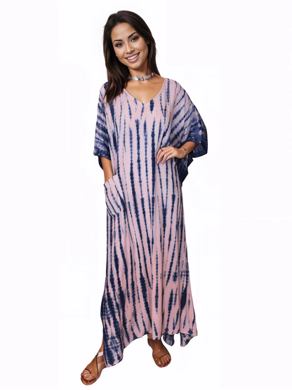 Pink/Navy blue Hand - Dyed Tie - Dye Maxi Kaftan Dress – Boho Chic, Flowy and Comfortable - Tenku Designs