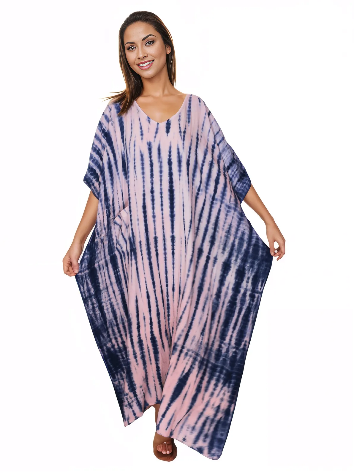Pink/Navy blue Hand - Dyed Tie - Dye Maxi Kaftan Dress – Boho Chic, Flowy and Comfortable - Tenku Designs