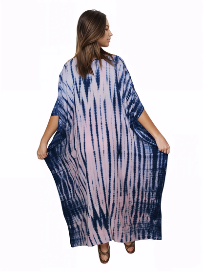 Pink/Navy blue Hand - Dyed Tie - Dye Maxi Kaftan Dress – Boho Chic, Flowy and Comfortable - Tenku Designs