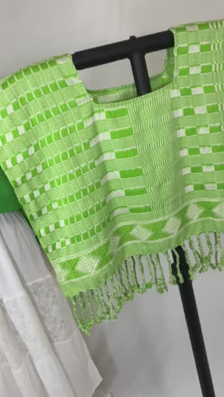 Authentic Handwoven Backstrap Loom Top with Brocade – Artisan-Made Blouse Lime Green Squares