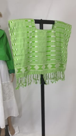 Authentic Handwoven Backstrap Loom Top with Brocade – Artisan-Made Blouse Lime Green Squares